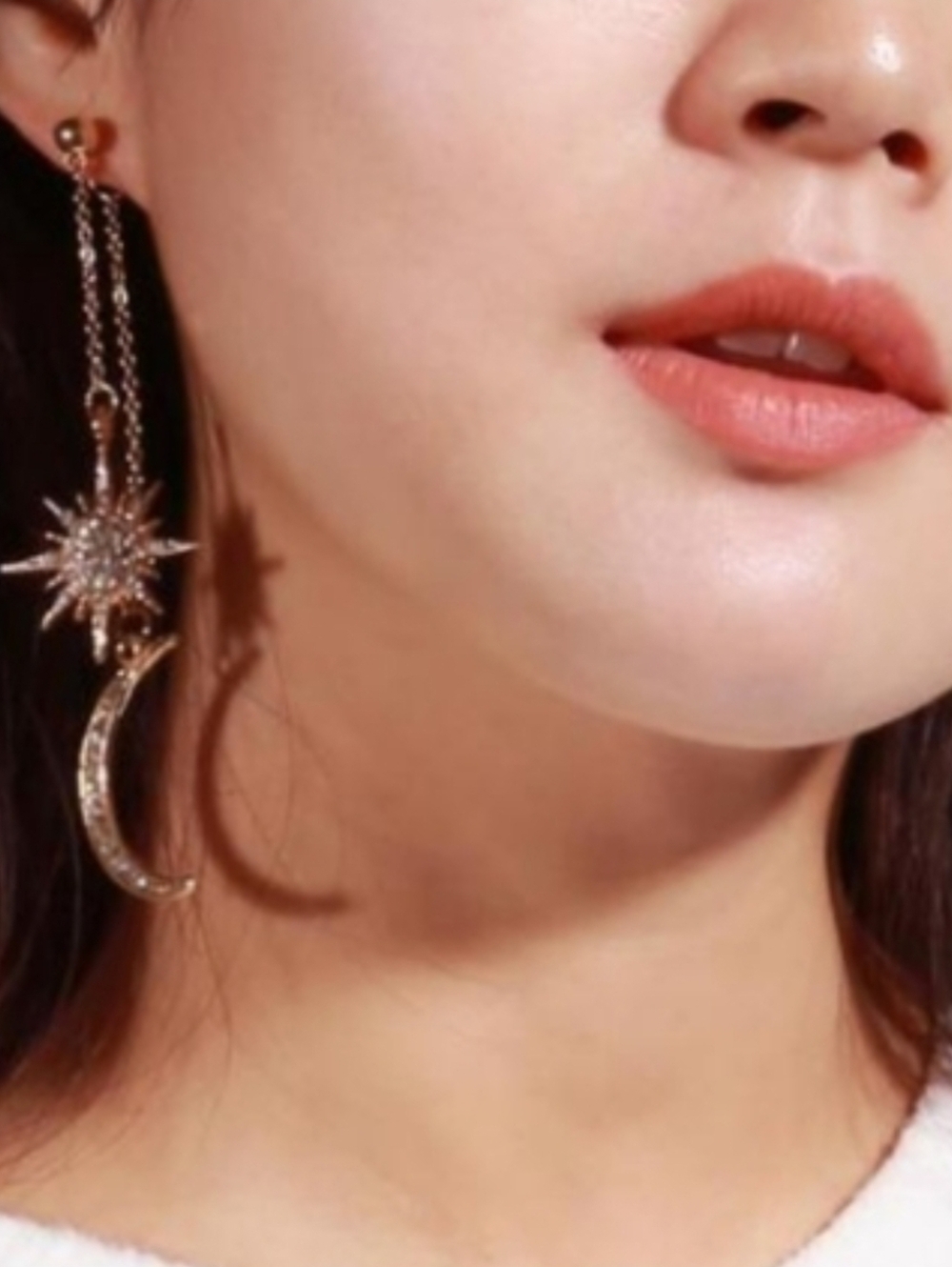 Long Gold Chain Crescent Moon Stars 3Way Earrings Rhinestone Crystal 2pc Dangle